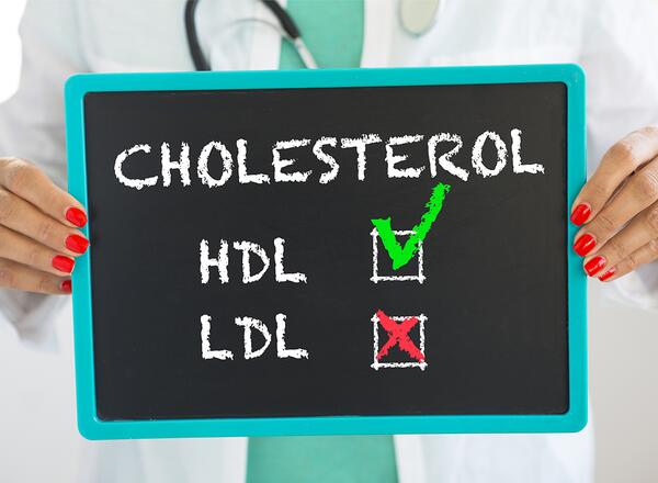 doctor holding a sign the indicates a green checkmark for HDL cholesterol and a red X for LDL cholesterol