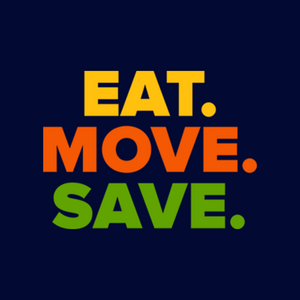 navy blue square with Eat, Move, and Save stacked in a block